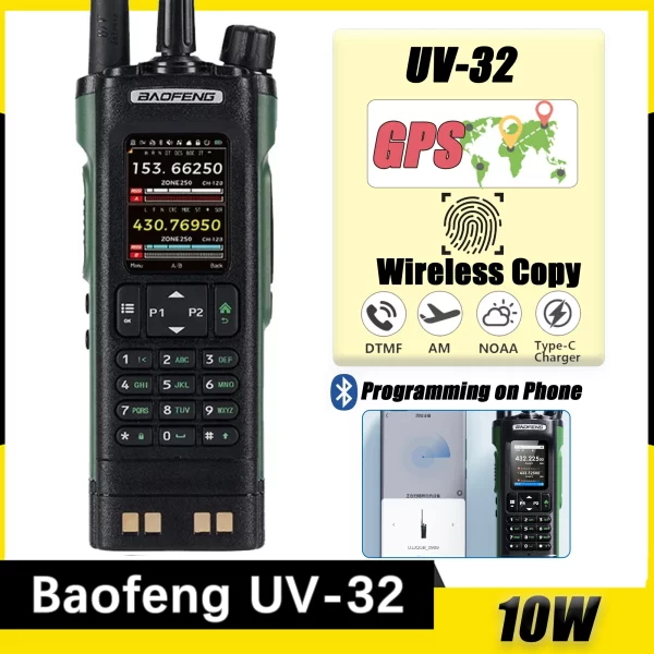 Baofeng UV 32 Walkie Talkie 10W GPS Bluetooth Programming Wireless Copy Frequency Multi Band USB-C FM AM Ham Radio