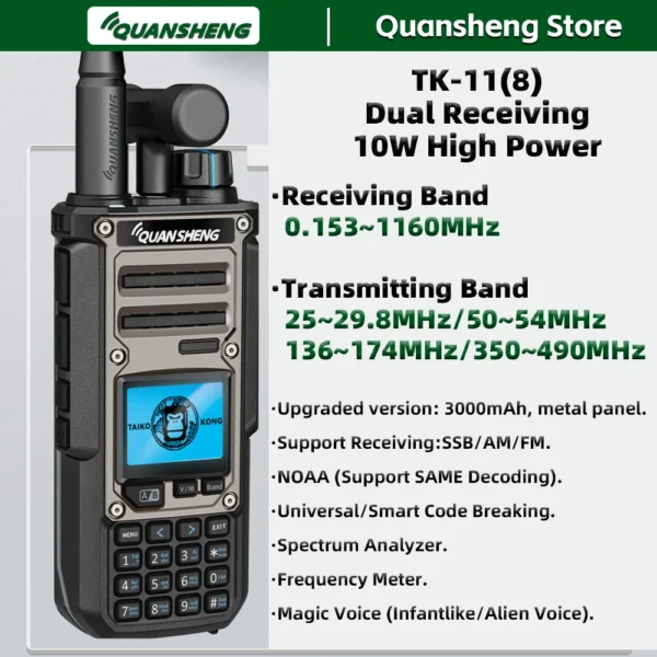 Quansheng TK11(8) Walkie Talkie 10W 3000mAh VHF UHF Dual Receive AM FM CW SSB NOAA Spectrum Analyzer Magic Voice Two Way Radio