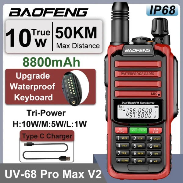 Baofeng Red UV-68 Pro Max V2 IP68 Waterproof Walkie Talkie 8800mah Battery Type C UHF VHF Dual Band 128 Channels UV-S22 UV-98 Pro Two Way Radios