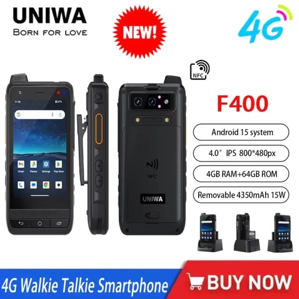 NEW Global UNIWA F400 4G Zello POC Walkie Talkie Smartphone 4" Android15 5.0MP 13MP 4GB+64GB 4350mAh 15W PTT Radio SOS NFC