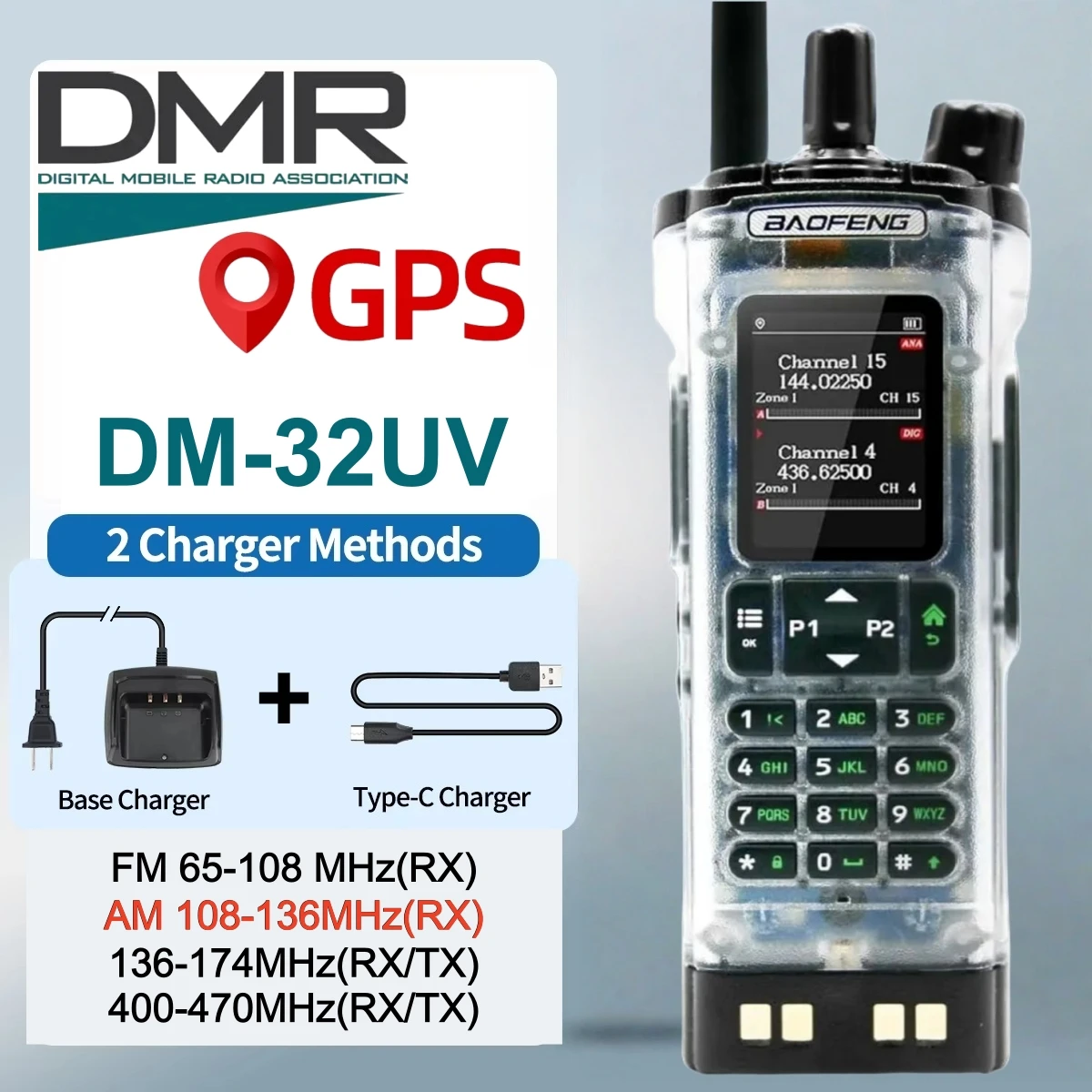 Baofeng DM-32UV Digital Walkie Talkie GPS APRS Dual Mode Analog Dual Time Slot Air Band Digital Call Two Way Radio