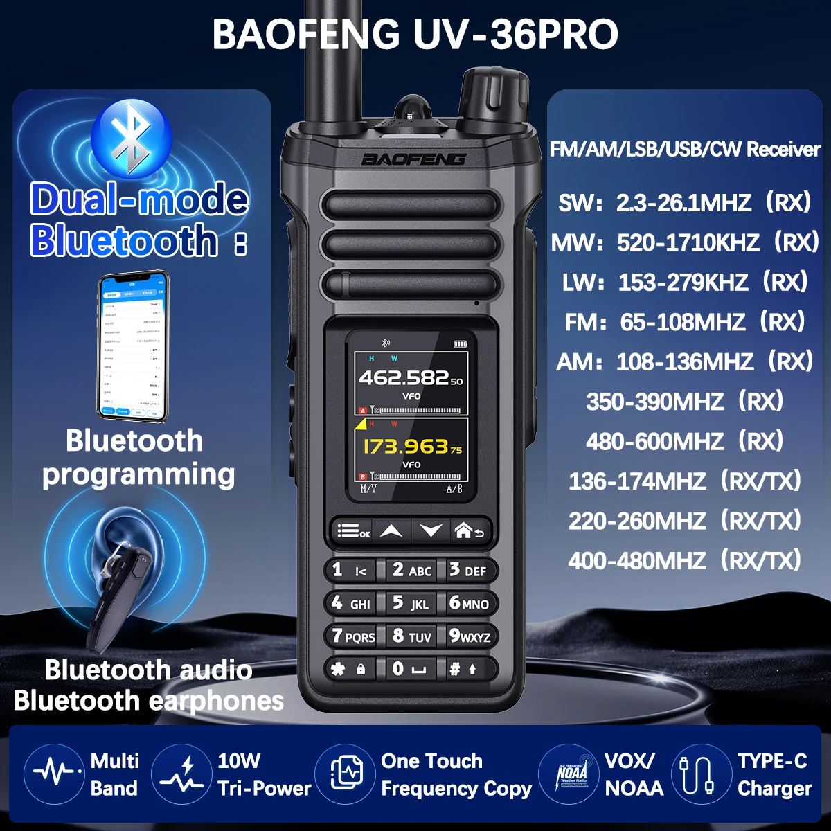 Off-Grid Legend Baofeng UV-36 PRO 10W Ham Radio Bluetooth Program Si4732 AM FM All Bands UV32 Upgrade Walkie Talkie